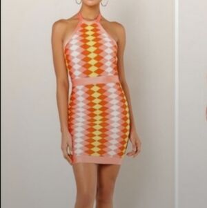 WOW Couture bodycon Halter dress, geometric pattern, 32" waist